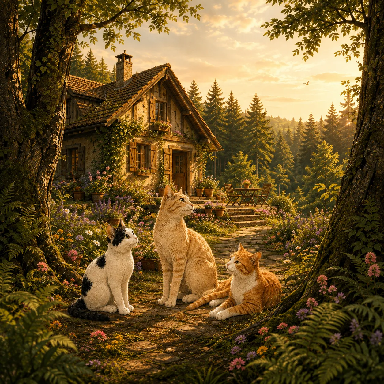 Ein altes Holzhaus am Waldrand im warmen Nachmittagslicht. Davor sitzen drei Kater auf dem Weg: Barney, Mr. Red und Schnupfi.