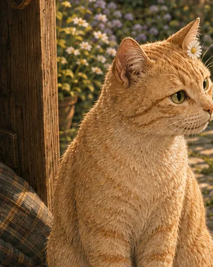 Barney, ein hell rotblonder Kater mit einem Gänseblümchen hinter dem Ohr