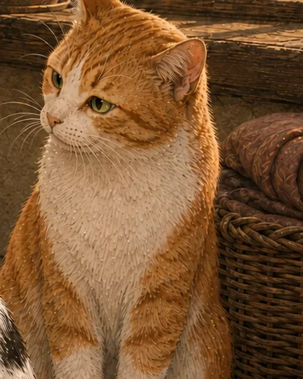 Mr. Red, ein roter Kater mit weißer Brust, schaut aufmerksam zur Seite