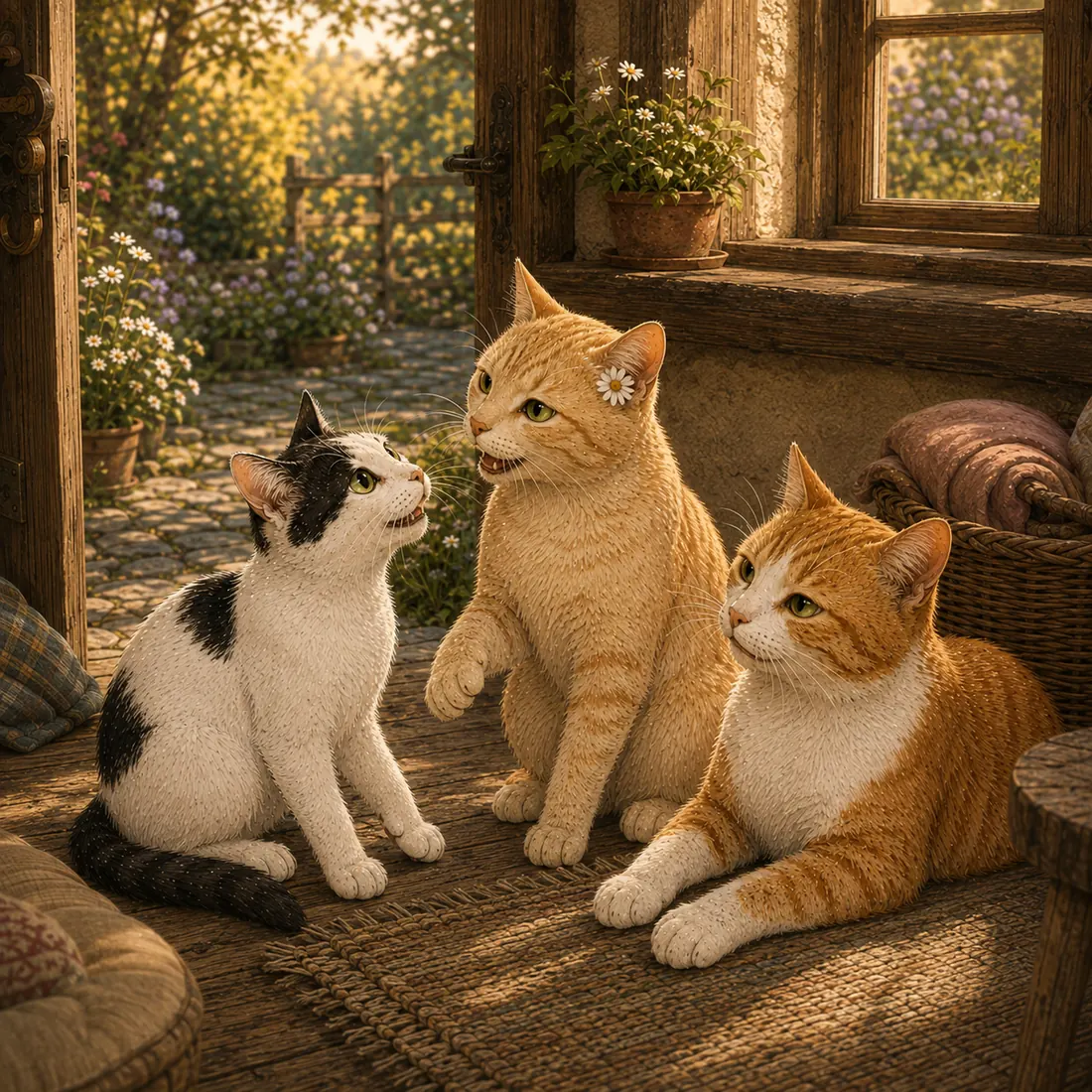 Die drei Kater sitzen am Nachmittag vor dem Haus in der Sonne